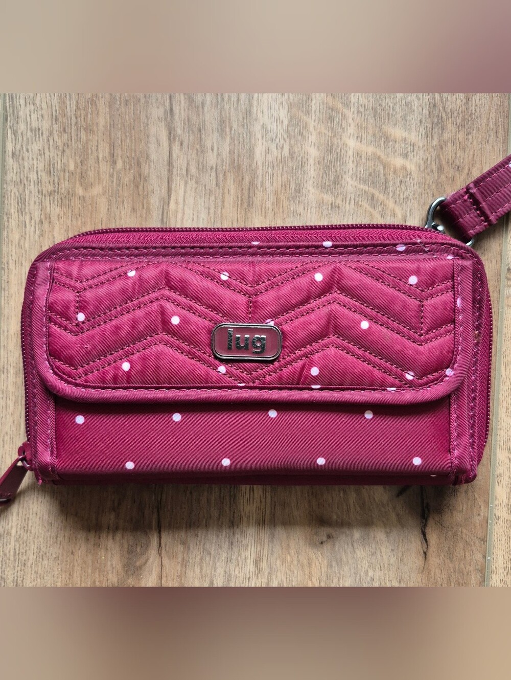lug Kickflip Women's Quilted Wristlet Wallet in Raspberry Polka Dot RFID - Picture 2 of 8